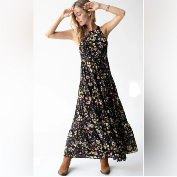 NATURAL LIFE Dresses & Skirts - Natural Life HALLE Black Colorful Floral Tiered Skirt Halter Neck Maxi Dress XS